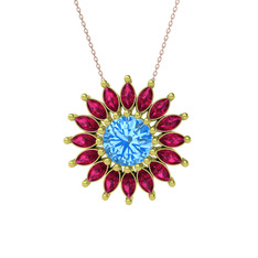 Taşlı Papatya Kolye - Akuamarin ve rodolit garnet 14 ayar altın kolye (40 cm rose altın rolo zincir) #1q519u2