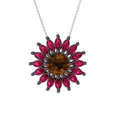 Taşlı Papatya Kolye - Dumanlı kuvars ve rodolit garnet 925 ayar siyah rodyum kaplama gümüş kolye (40 cm gümüş rolo zincir) #1qh97jt