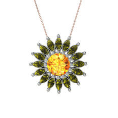 Sitrin ve peridot 8 ayar beyaz altın kolye (40 cm rose altın rolo zincir)