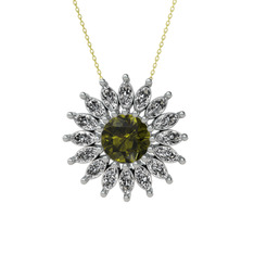 Taşlı Papatya Kolye - Peridot ve swarovski 18 ayar beyaz altın kolye (40 cm altın rolo zincir) #1qszukg