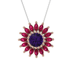 Taşlı Papatya Kolye - Ametist ve rodolit garnet 8 ayar rose altın kolye (40 cm beyaz altın rolo zincir) #1qxmluf
