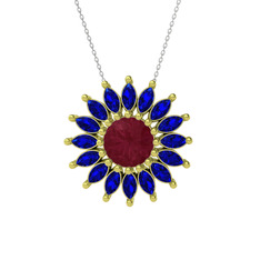 Taşlı Papatya Kolye - Kök yakut ve lab safir 14 ayar altın kolye (40 cm gümüş rolo zincir) #1rd2fn6