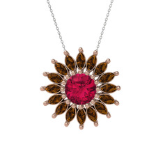 Taşlı Papatya Kolye - Rodolit garnet ve dumanlı kuvars 8 ayar rose altın kolye (40 cm beyaz altın rolo zincir) #1rqcnta
