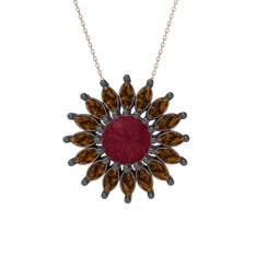 Taşlı Papatya Kolye - Kök yakut ve dumanlı kuvars 925 ayar siyah rodyum kaplama gümüş kolye (40 cm rose altın rolo zincir) #1rsx2vf
