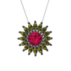 Taşlı Papatya Kolye - Rodolit garnet ve peridot 925 ayar siyah rodyum kaplama gümüş kolye (40 cm beyaz altın rolo zincir) #1rzewcl