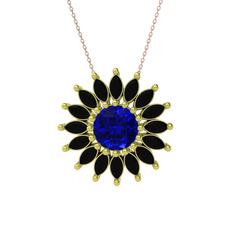 Taşlı Papatya Kolye - Lab safir ve siyah zirkon 8 ayar altın kolye (40 cm rose altın rolo zincir) #1s9mr7u