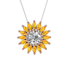 Taşlı Papatya Kolye - Beyaz zirkon ve sitrin 8 ayar rose altın kolye (40 cm beyaz altın rolo zincir) #1saxe7s