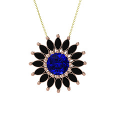 Taşlı Papatya Kolye - Lab safir ve siyah zirkon 925 ayar rose altın kaplama gümüş kolye (40 cm altın rolo zincir) #1sbf3hd