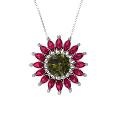 Taşlı Papatya Kolye - Peridot ve rodolit garnet 8 ayar beyaz altın kolye (40 cm beyaz altın rolo zincir) #1sd7zxt