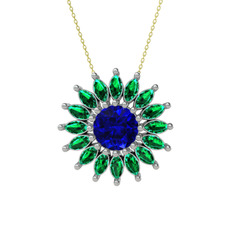 Taşlı Papatya Kolye - Lab safir ve yeşil kuvars 8 ayar beyaz altın kolye (40 cm altın rolo zincir) #1sdctly