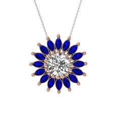 Taşlı Papatya Kolye - Beyaz zirkon ve lab safir 8 ayar rose altın kolye (40 cm beyaz altın rolo zincir) #1skafav