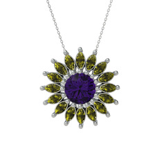 Taşlı Papatya Kolye - Ametist ve peridot 14 ayar beyaz altın kolye (40 cm beyaz altın rolo zincir) #1sx19un