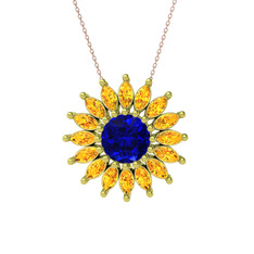 Taşlı Papatya Kolye - Lab safir ve sitrin 14 ayar altın kolye (40 cm rose altın rolo zincir) #1t0eqls