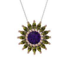 Taşlı Papatya Kolye - Ametist ve peridot 18 ayar rose altın kolye (40 cm beyaz altın rolo zincir) #1t6sbc0