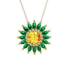 Taşlı Papatya Kolye - Sitrin ve yeşil kuvars 14 ayar altın kolye (40 cm rose altın rolo zincir) #1t7hfp