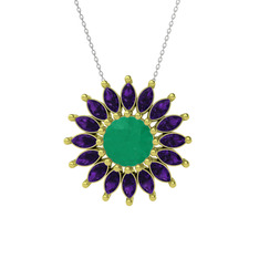 Taşlı Papatya Kolye - Kök zümrüt ve ametist 18 ayar altın kolye (40 cm beyaz altın rolo zincir) #1tcn6t7