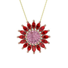 Taşlı Papatya Kolye - Pembe kuvars ve garnet 8 ayar rose altın kolye (40 cm gümüş rolo zincir) #1tj32e4