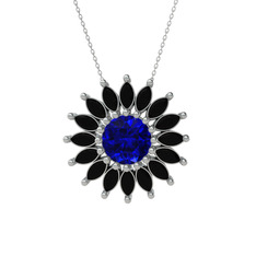 Taşlı Papatya Kolye - Lab safir ve siyah zirkon 14 ayar beyaz altın kolye (40 cm beyaz altın rolo zincir) #1tla5g