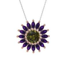 Taşlı Papatya Kolye - Peridot ve ametist 925 ayar rose altın kaplama gümüş kolye (40 cm beyaz altın rolo zincir) #1uakyag