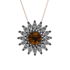 Taşlı Papatya Kolye - Dumanlı kuvars ve swarovski 925 ayar siyah rodyum kaplama gümüş kolye (40 cm gümüş rolo zincir) #1ufasil