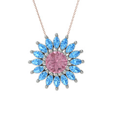 Taşlı Papatya Kolye - Pembe kuvars ve akuamarin 925 ayar gümüş kolye (40 cm gümüş rolo zincir) #1ufmg05