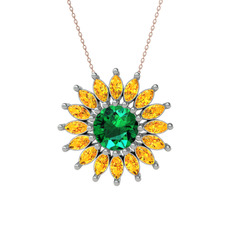 Taşlı Papatya Kolye - Yeşil kuvars ve sitrin 8 ayar beyaz altın kolye (40 cm rose altın rolo zincir) #1ug2stw