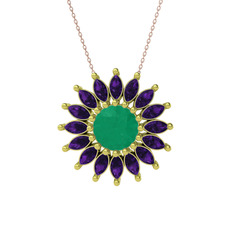 Taşlı Papatya Kolye - Kök zümrüt ve ametist 14 ayar altın kolye (40 cm rose altın rolo zincir) #1uv3o7a