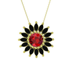 Taşlı Papatya Kolye - Garnet ve siyah zirkon 18 ayar altın kolye (40 cm altın rolo zincir) #1uvkn6j