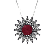 Taşlı Papatya Kolye - Kök yakut ve swarovski 925 ayar siyah rodyum kaplama gümüş kolye (40 cm beyaz altın rolo zincir) #1vb82tf