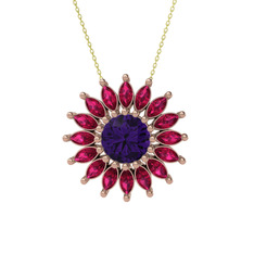 Taşlı Papatya Kolye - Ametist ve rodolit garnet 18 ayar rose altın kolye (40 cm gümüş rolo zincir) #1vqlzfs