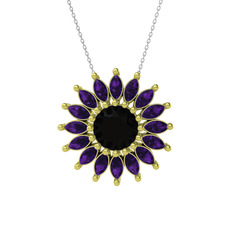 Taşlı Papatya Kolye - Siyah zirkon ve ametist 8 ayar altın kolye (40 cm beyaz altın rolo zincir) #1vrgm4w