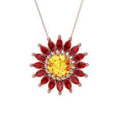 Taşlı Papatya Kolye - Sitrin ve garnet 8 ayar rose altın kolye (40 cm rose altın rolo zincir) #1vrvj5k