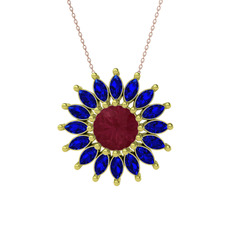 Taşlı Papatya Kolye - Kök yakut ve lab safir 14 ayar altın kolye (40 cm rose altın rolo zincir) #1vymd3s