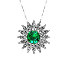 Taşlı Papatya Kolye - Yeşil kuvars ve beyaz zirkon 18 ayar beyaz altın kolye (40 cm beyaz altın rolo zincir) #1wdorpp