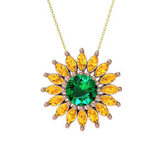 Taşlı Papatya Kolye - Yeşil kuvars ve sitrin 18 ayar rose altın kolye (40 cm altın rolo zincir) #1wzpalc