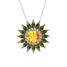 Taşlı Papatya Kolye - Sitrin ve peridot 8 ayar beyaz altın kolye (40 cm gümüş rolo zincir) #1x0cdjb