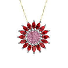 Taşlı Papatya Kolye - Pembe kuvars ve garnet 8 ayar beyaz altın kolye (40 cm altın rolo zincir) #1x5pbwa