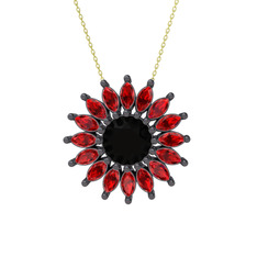 Taşlı Papatya Kolye - Siyah zirkon ve garnet 925 ayar siyah rodyum kaplama gümüş kolye (40 cm altın rolo zincir) #1x94huv