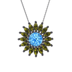 Taşlı Papatya Kolye - Akuamarin ve peridot 925 ayar siyah rodyum kaplama gümüş kolye (40 cm gümüş rolo zincir) #1xc818c