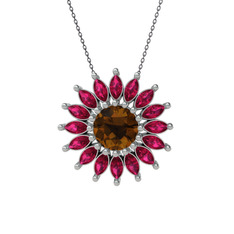 Taşlı Papatya Kolye - Dumanlı kuvars ve rodolit garnet 14 ayar beyaz altın kolye (40 cm gümüş rolo zincir) #1xdon6k