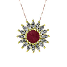 Taşlı Papatya Kolye - Kök yakut ve beyaz zirkon 14 ayar altın kolye (40 cm gümüş rolo zincir) #1xopik5