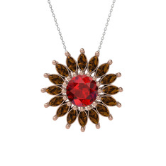 Taşlı Papatya Kolye - Garnet ve dumanlı kuvars 14 ayar rose altın kolye (40 cm beyaz altın rolo zincir) #1xvi1ud