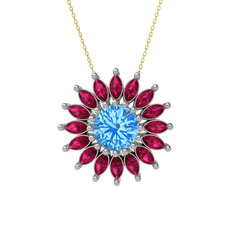 Taşlı Papatya Kolye - Akuamarin ve rodolit garnet 14 ayar beyaz altın kolye (40 cm altın rolo zincir) #1xxzc9d