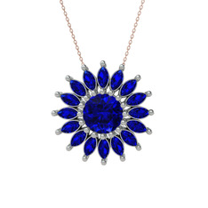 Taşlı Papatya Kolye - Lab safir 18 ayar beyaz altın kolye (40 cm rose altın rolo zincir) #1y2wj50