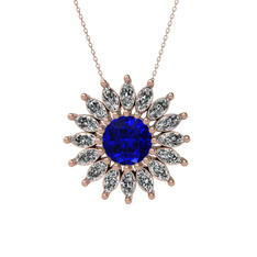 Taşlı Papatya Kolye - Lab safir ve swarovski 8 ayar rose altın kolye (40 cm rose altın rolo zincir) #1yjnl4z