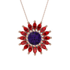 Taşlı Papatya Kolye - Ametist ve garnet 925 ayar rose altın kaplama gümüş kolye (40 cm gümüş rolo zincir) #1ylj226