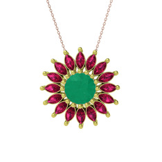 Taşlı Papatya Kolye - Kök zümrüt ve rodolit garnet 14 ayar altın kolye (40 cm rose altın rolo zincir) #1z8245
