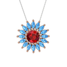 Taşlı Papatya Kolye - Garnet ve akuamarin 14 ayar rose altın kolye (40 cm beyaz altın rolo zincir) #21yw4q
