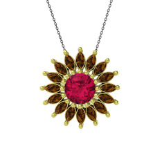 Taşlı Papatya Kolye - Rodolit garnet ve dumanlı kuvars 8 ayar altın kolye (40 cm gümüş rolo zincir) #25pitu
