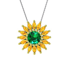 Taşlı Papatya Kolye - Yeşil kuvars ve sitrin 8 ayar altın kolye (40 cm gümüş rolo zincir) #2fxnz8